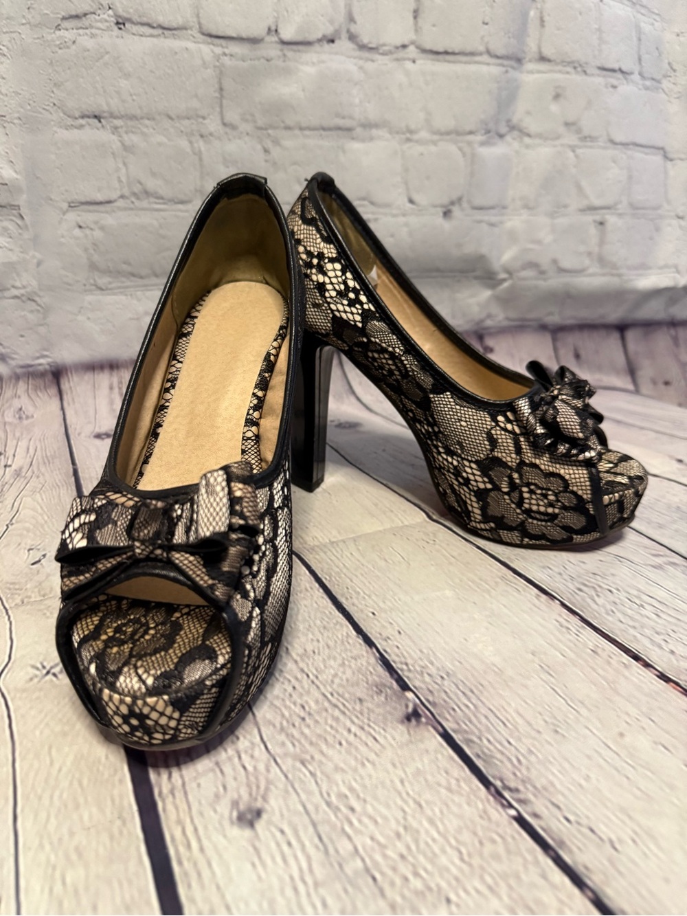Black Lace Peep-Toe High Heels with Bow